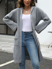 Pocketed Button Up Long Sleeve Hooded Cardigan Trandify Deal