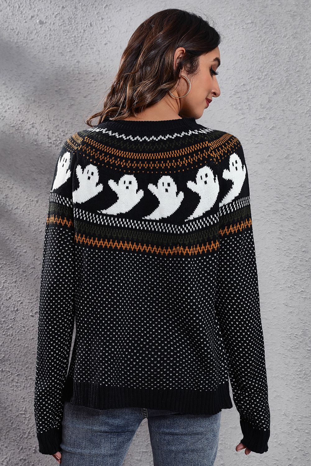 Ghost Pattern Round Neck Long Sleeve Sweater Trandify Deal