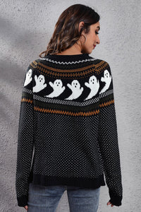 Ghost Pattern Round Neck Long Sleeve Sweater Trandify Deal