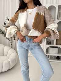 Color Block Open Front Cardigan - Basic Long Sleeve Polyester Top