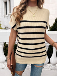Devine Striped Mock Neck Short Sleeve Sweater Trandify deal