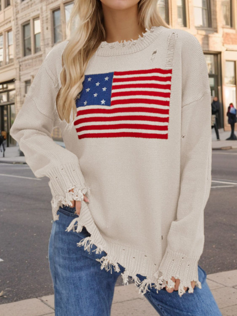US Flag Distressed Round Neck Long Sleeve Sweater Trendsi