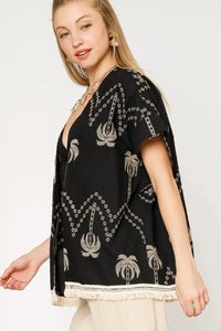 Boho embroidered fringe kimono for women – lightweight open front beach cover-up with lace trim
