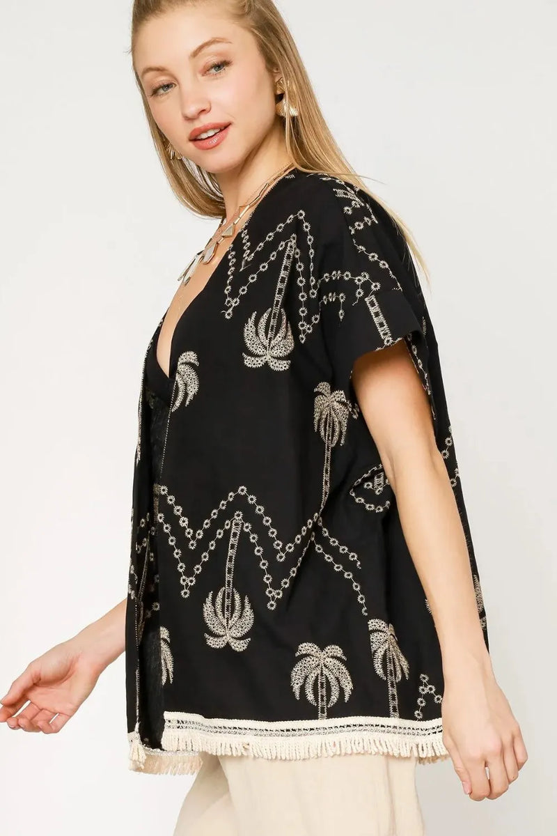 Boho embroidered fringe kimono for women – lightweight open front beach cover-up with lace trim