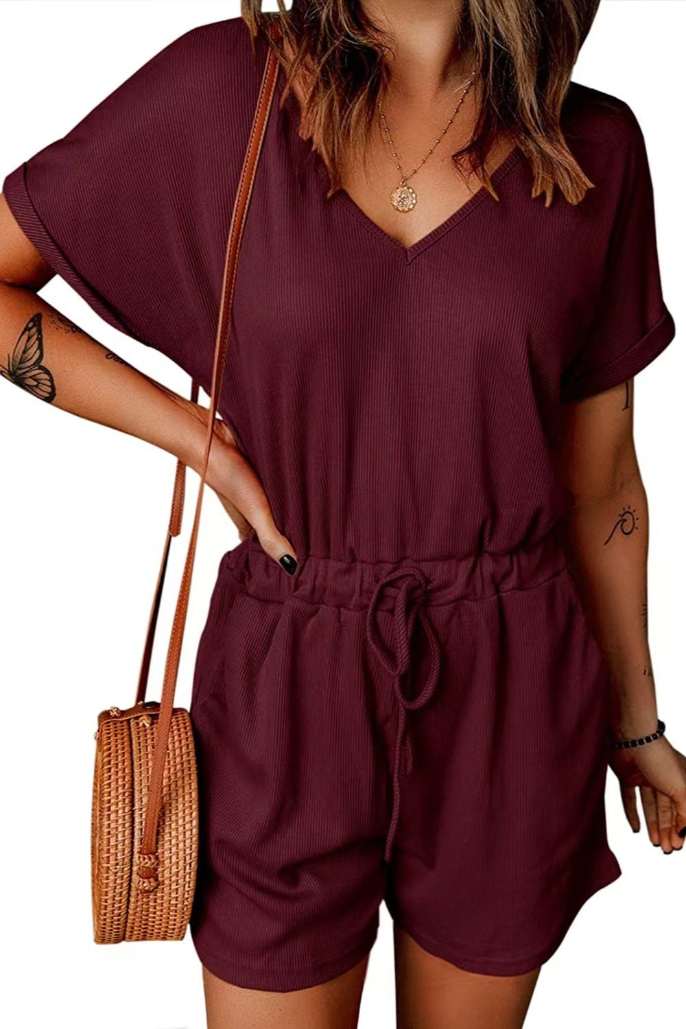 Full Size Drawstring V-Neck Short Sleeve Romper Trandify deal