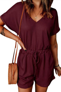 Full Size Drawstring V-Neck Short Sleeve Romper Trandify deal
