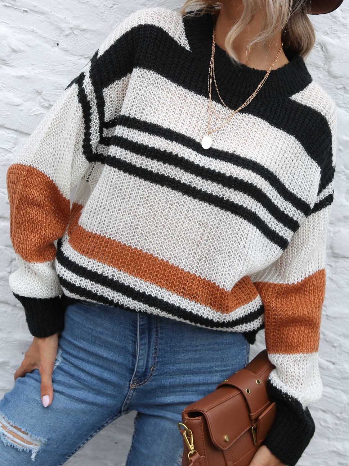 Contrast Striped Round Neck Long Sleeve Sweater Trandify Deal