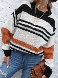 Contrast Striped Round Neck Long Sleeve Sweater Trandify Deal
