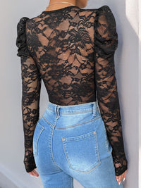 Perfee Lace V-Neck Long Sleeve Bodysuit Trandify Deal