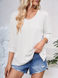 Lovelet Textured Round Neck Three-Quarter Sleeve Blouse Trandify deal