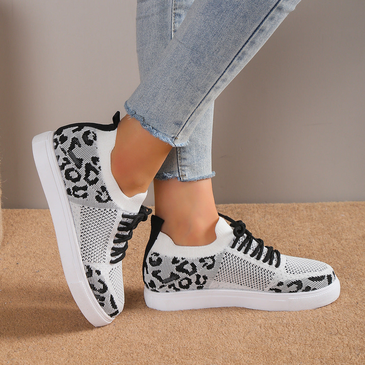 Lace-Up Leopard Flat Sneakers Trandify Deal