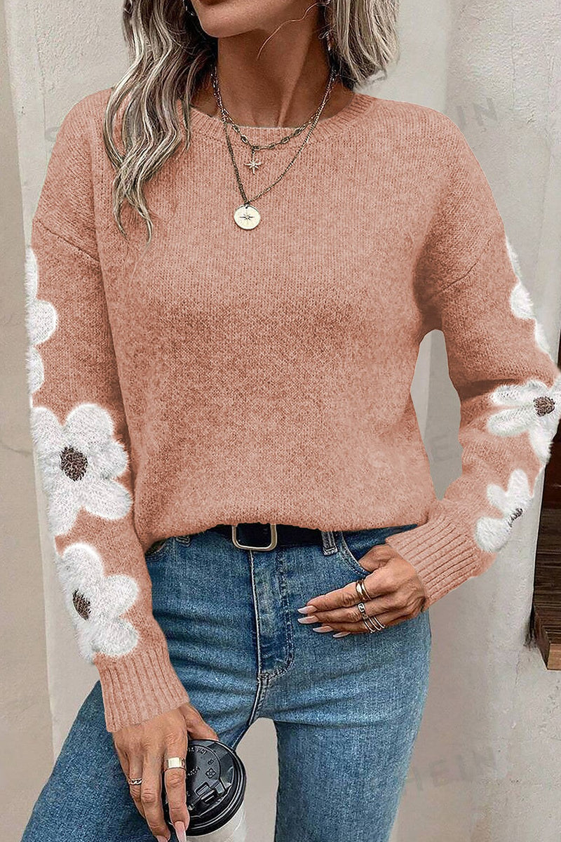 Flower Round Neck Long Sleeve Sweater Trandify Deal
