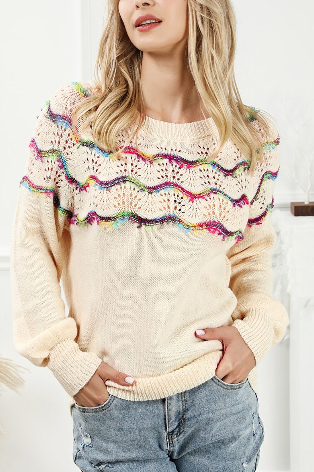 Boho striped openwork knit sweater for women, y2k crochet top