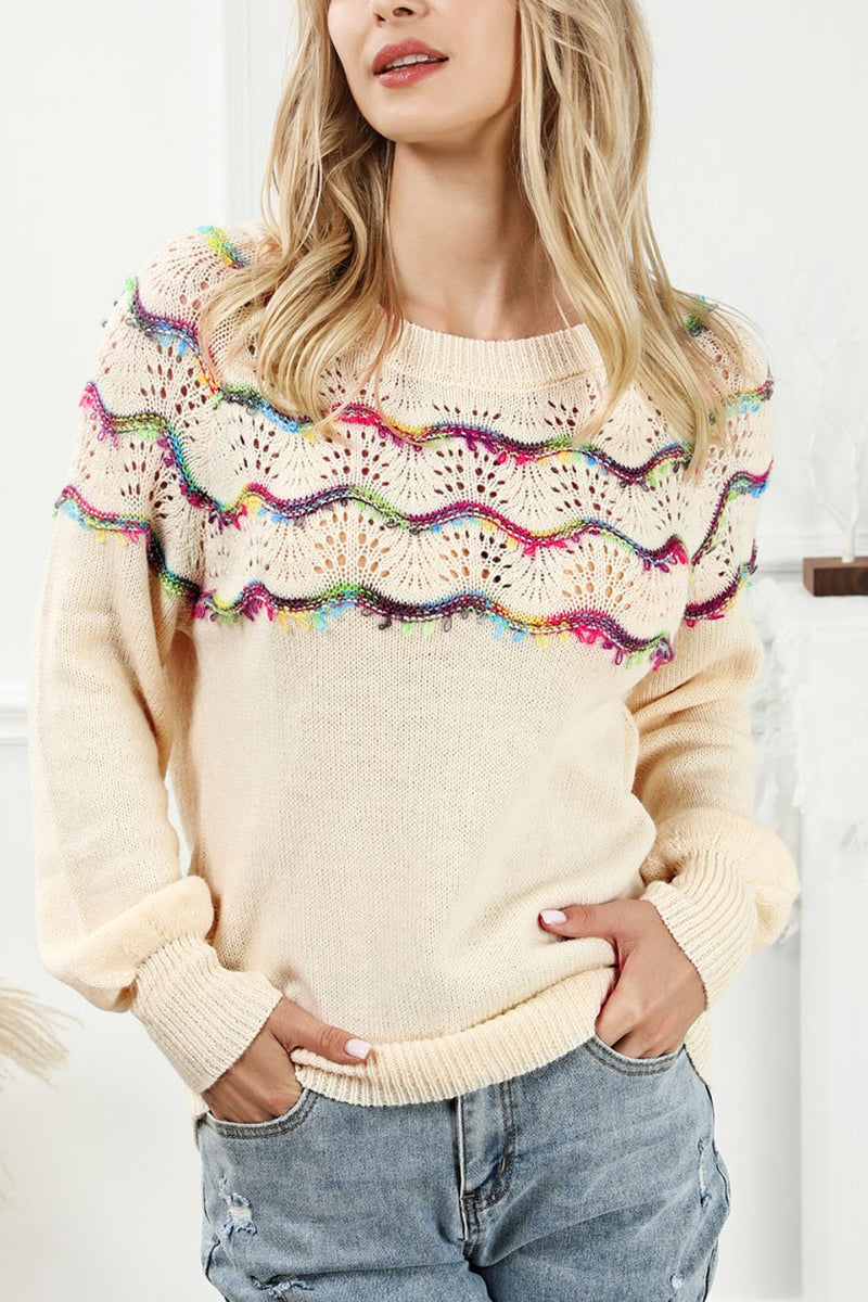 Boho striped openwork knit sweater for women, y2k crochet top