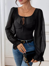 Sheer Tie-Front Flounce Sleeve Bodysuit | Ruffled Top