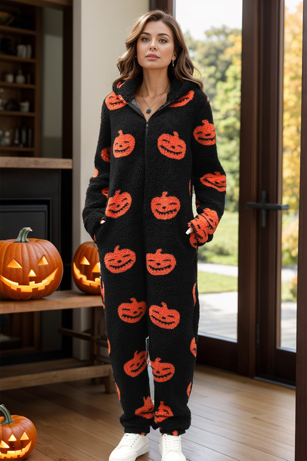 Cozy Pumpkin Spice Half Zip Hooded Jumpsuit for Women – TrandifyDeal