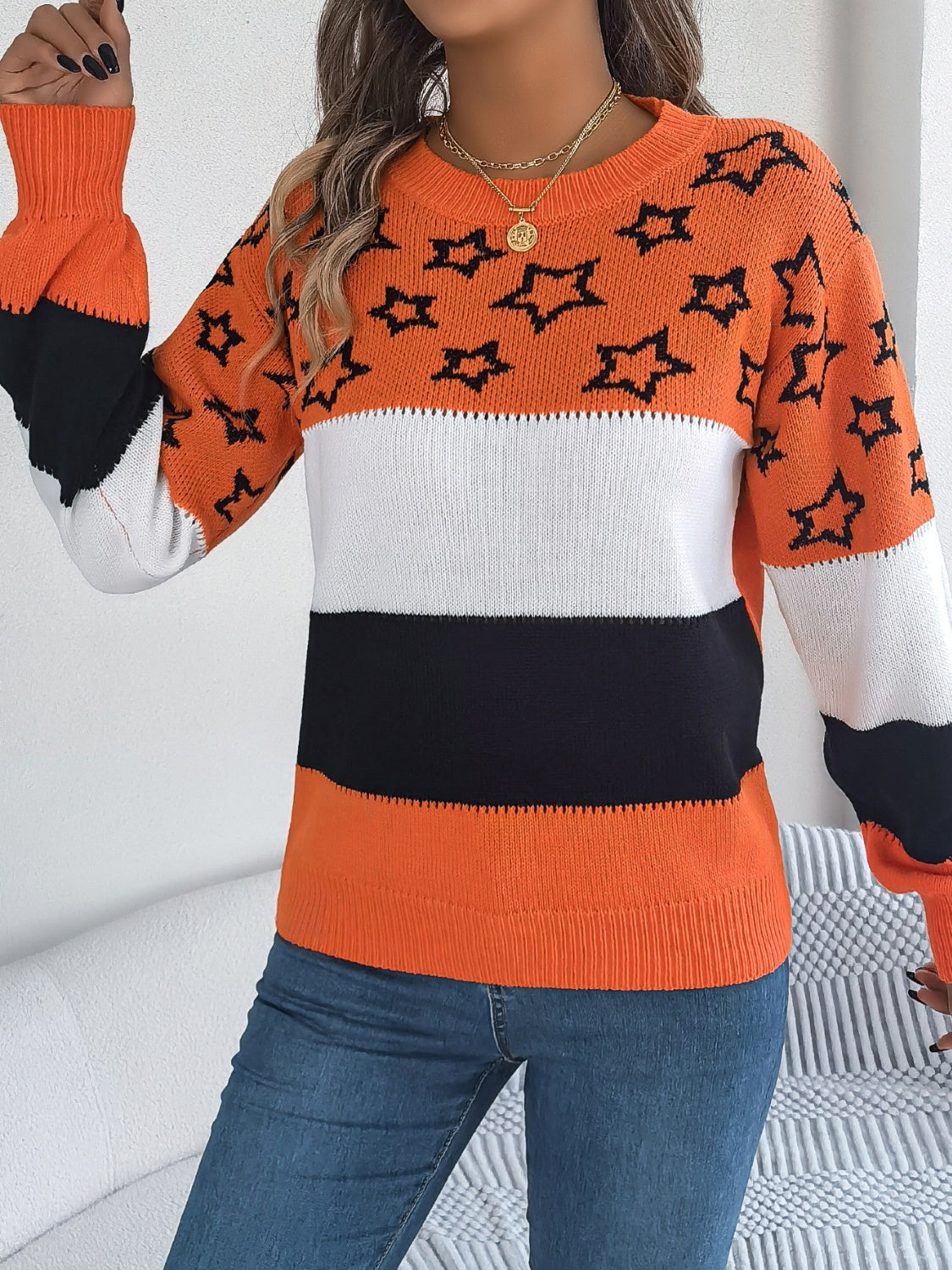 Star Contrast Round Neck Sweater Trandify Deal