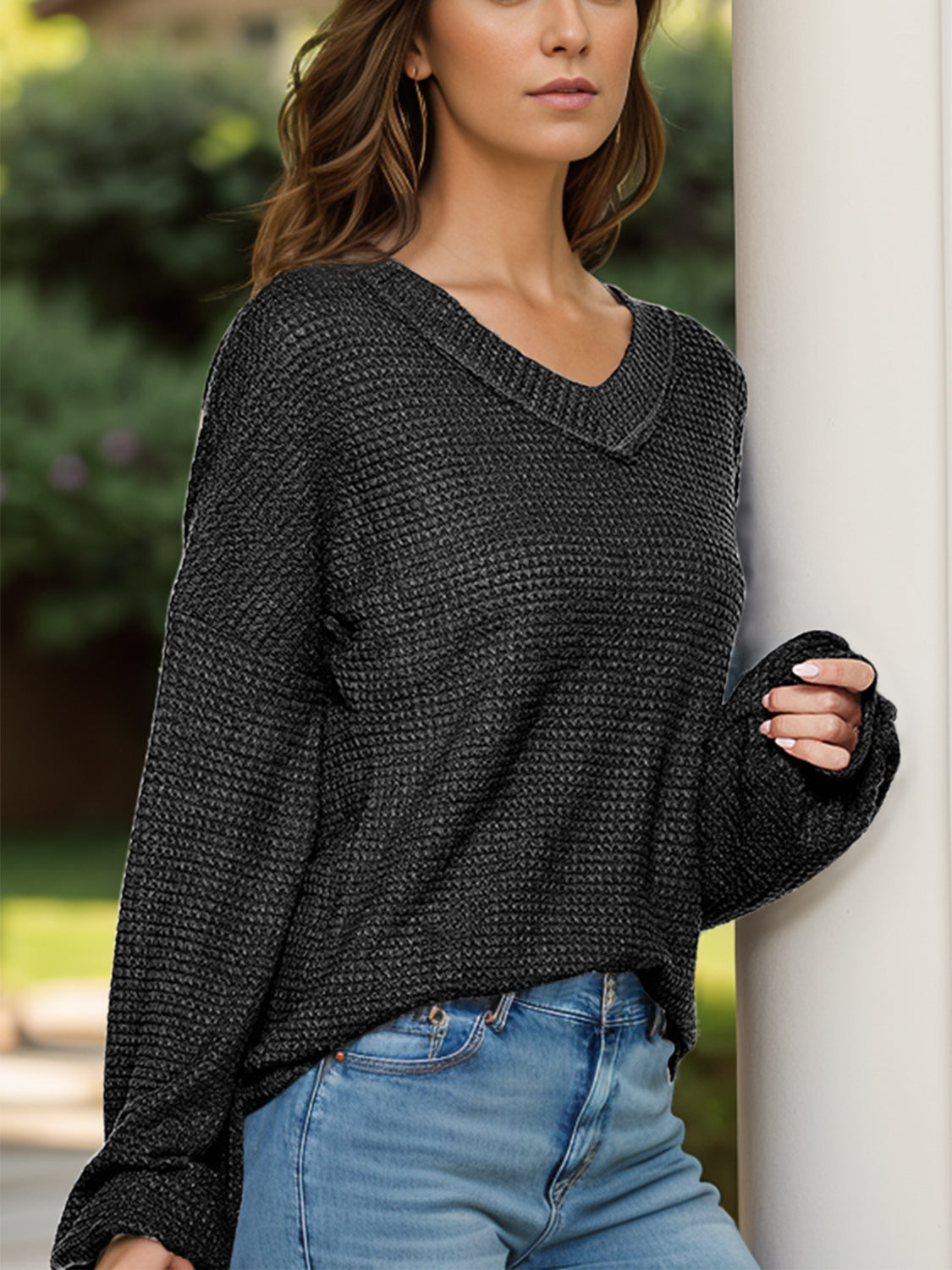 Dropped Shoulder Long Sleeve Knit Top Trandify Deal