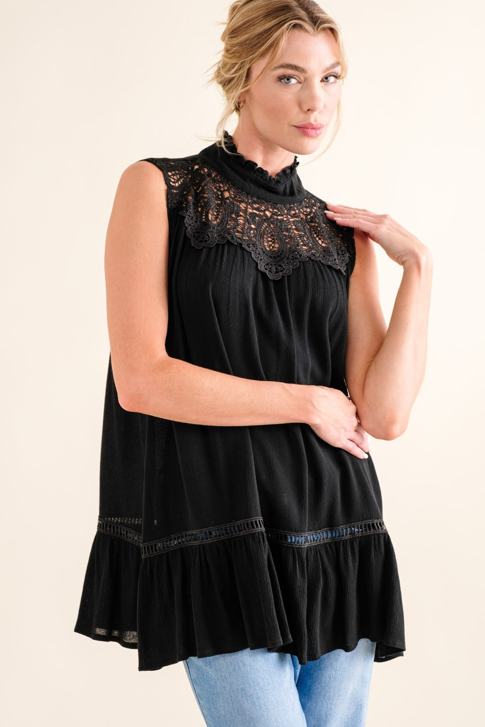 And The Why Lace Detail Sleeveless Ruffled Top Trandify deal