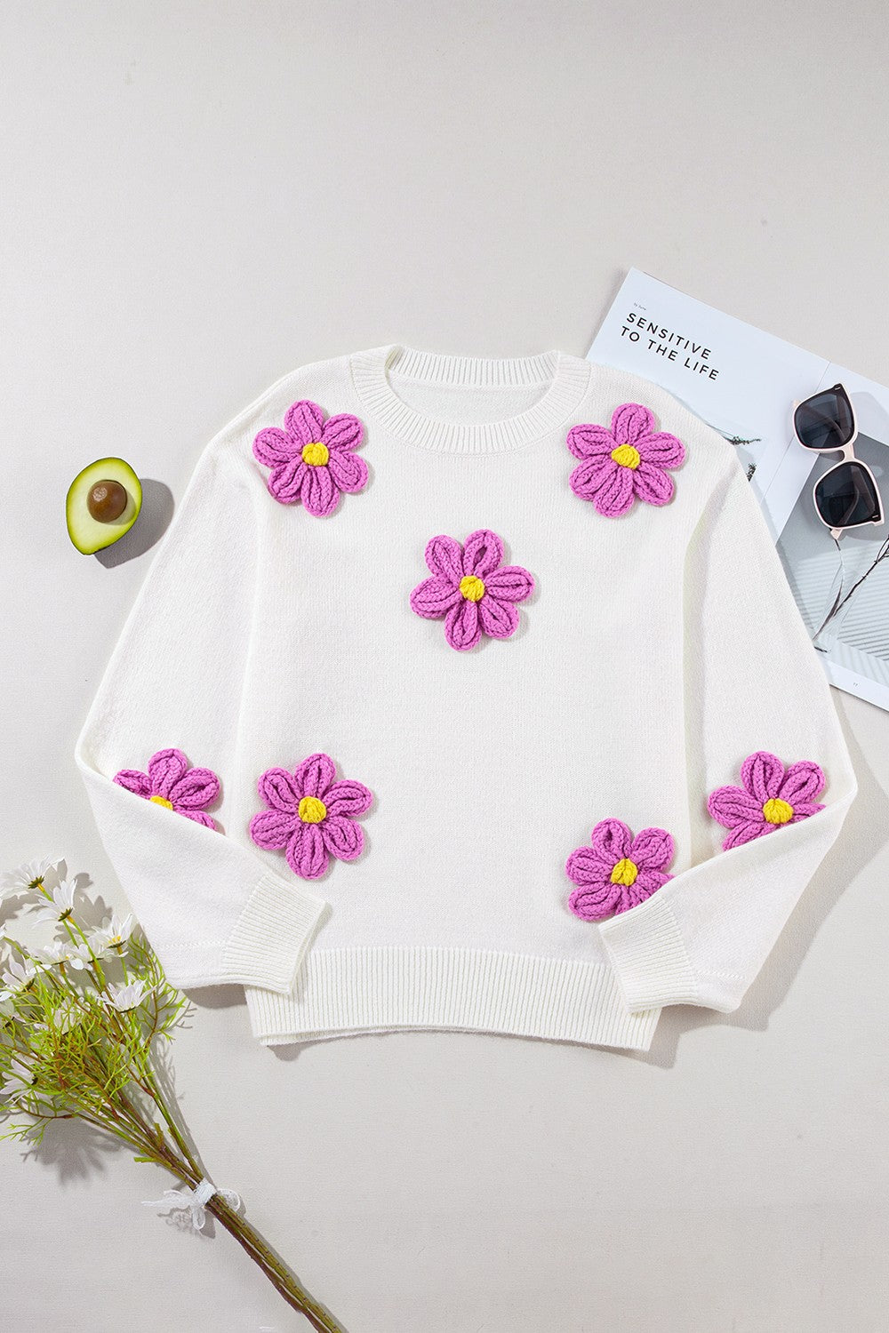 Crochet Flower Round Neck Long Sleeve Sweater Trandify Deal