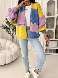 Color Block Open Front Cardigan - Basic Long Sleeve Polyester Top