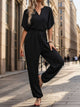 Notched Neck Half Sleeve Straight Jumpsuit for Women in Black