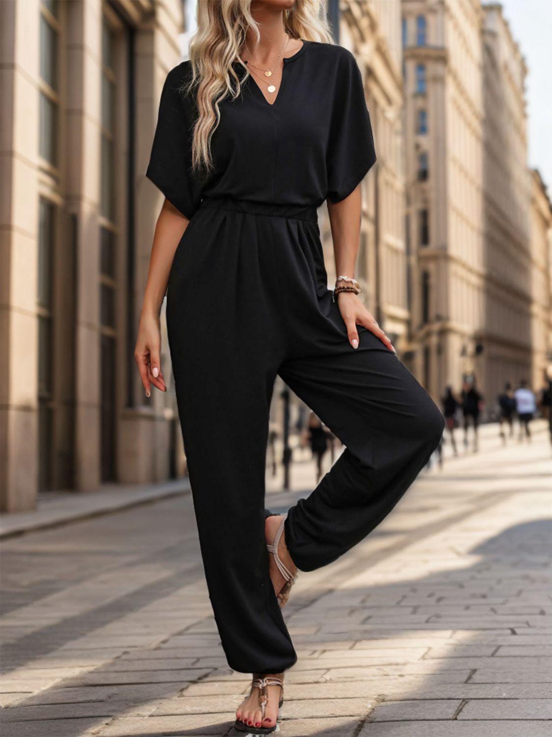 Notched Neck Half Sleeve Straight Jumpsuit for Women in Black