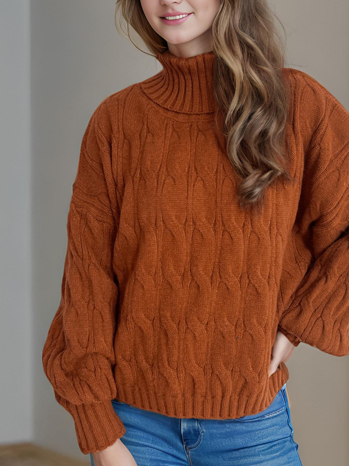 Cable-Knit Turtleneck Long Sleeve Sweater Trandify Deal