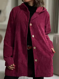 Plus Size Corduroy Shacket - Hooded Ribbed Jacket