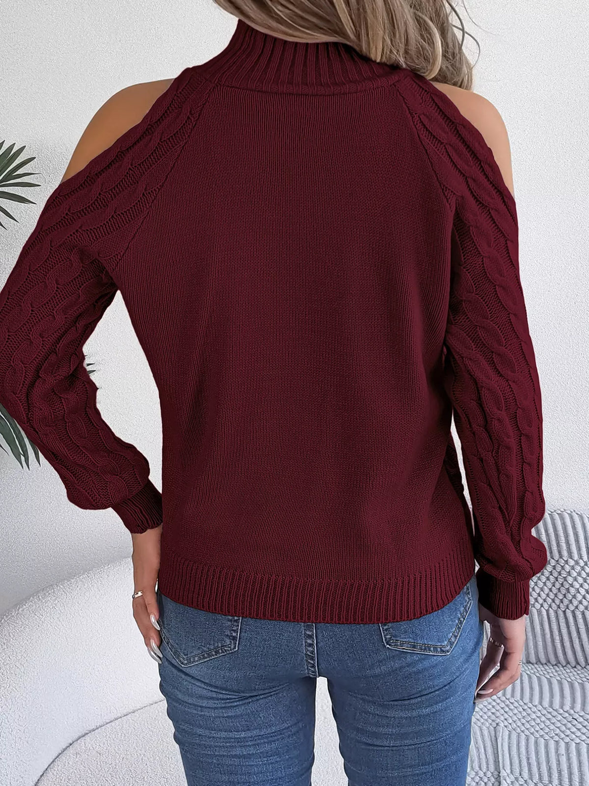 Women's Cold Shoulder Sweater | Cable Knit Turtleneck