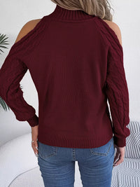 Women's Cold Shoulder Sweater | Cable Knit Turtleneck