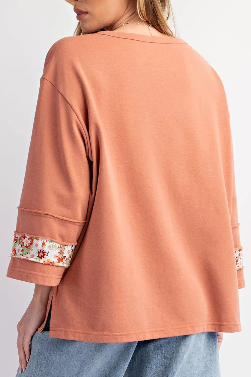 Exposed Seam Slit Floral Round Neck Blouse Trandify Deal