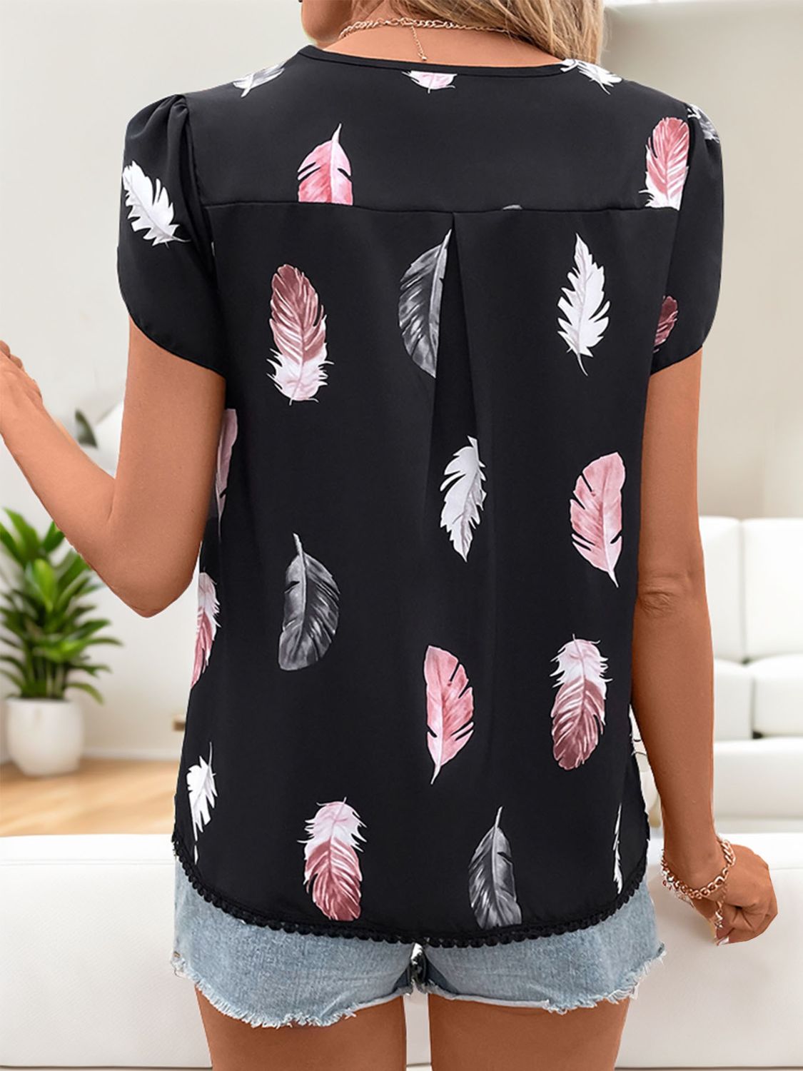 Perfee Printed V-Neck Short Sleeve Blouse Trandify deal