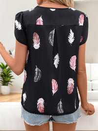 Perfee Printed V-Neck Short Sleeve Blouse Trandify deal