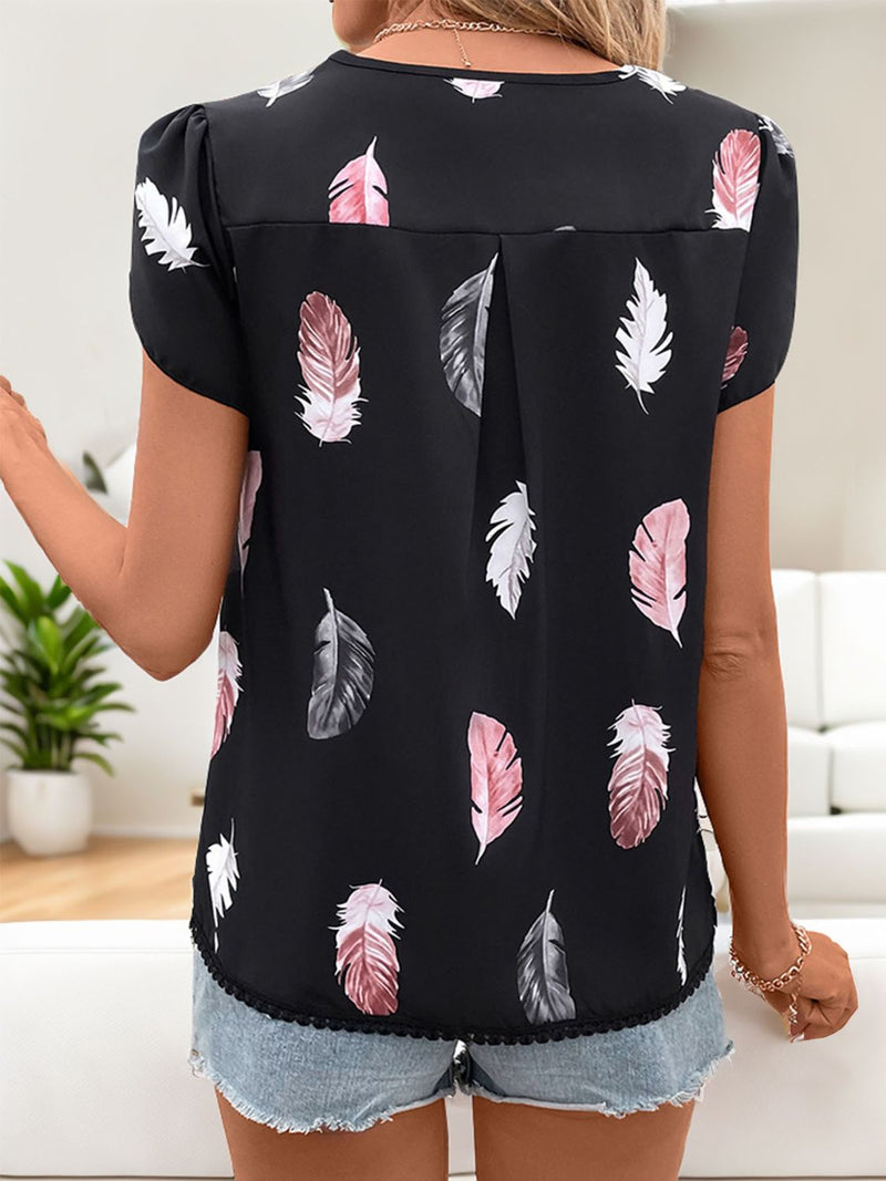 Perfee Printed V-Neck Short Sleeve Blouse Trandify deal