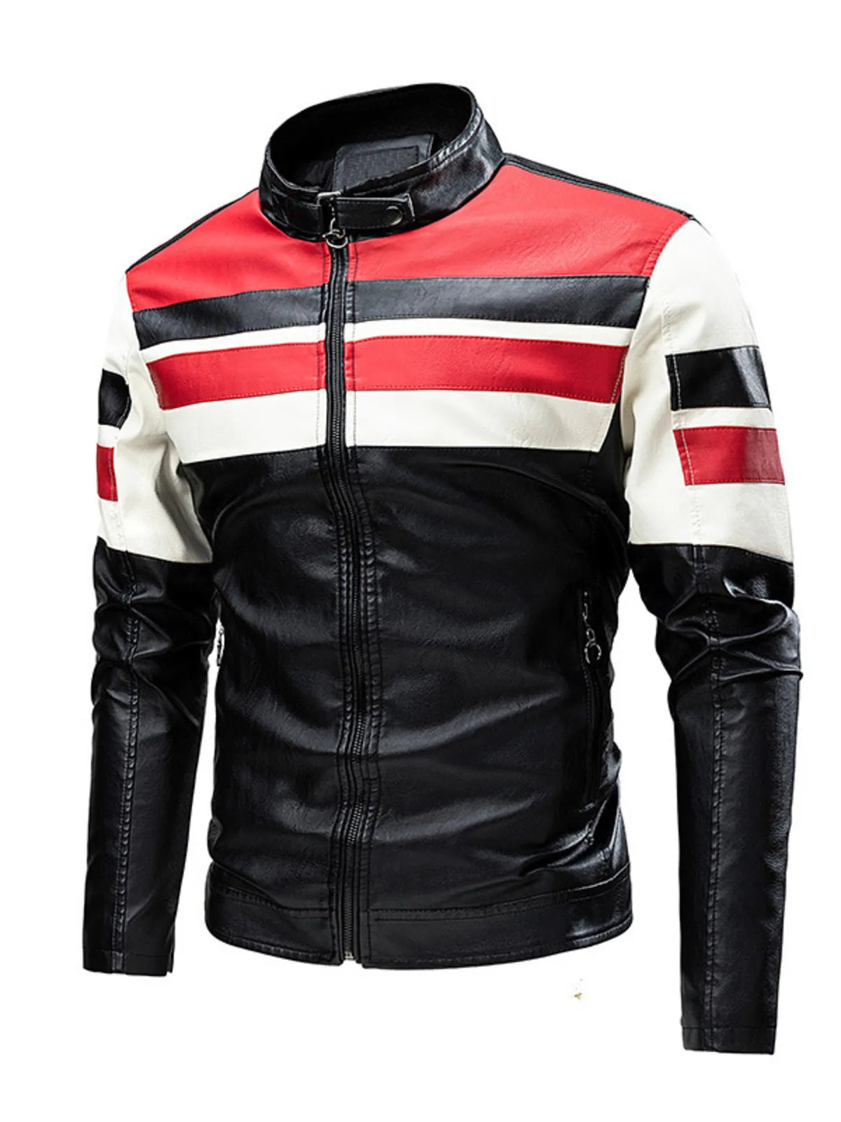 Plus size men's black PU leather biker jacket with white contrast zipper, laid flat