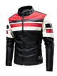 Plus size men's black PU leather biker jacket with white contrast zipper, laid flat