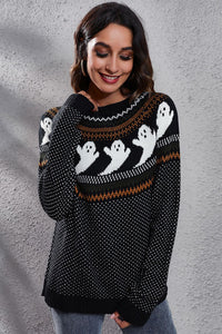 Ghost Pattern Round Neck Long Sleeve Sweater Trandify Deal
