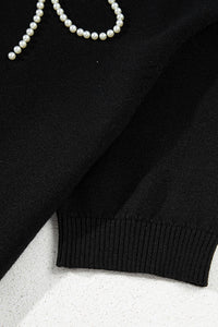 Pearl Bow Necklace Embellished Short Sleeve Knit Top