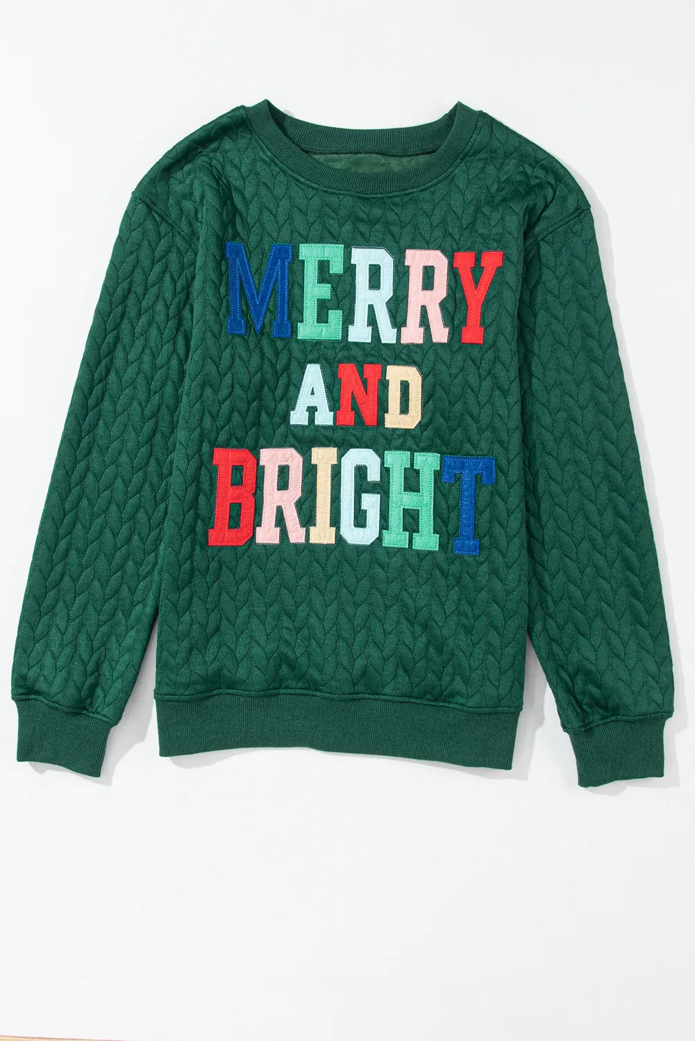 Full Size MERRY AND BRIGHT Cable Knit Pullover Sweatshirt Trandify Deal