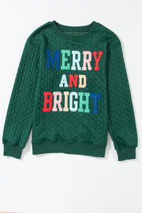 Full Size MERRY AND BRIGHT Cable Knit Pullover Sweatshirt Trandify Deal