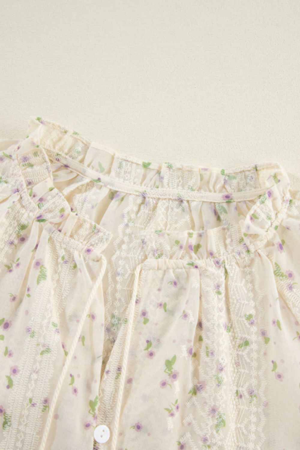 Frill Lace Detail Printed Tie Neck Long Sleeve Blouse Trandify Deal