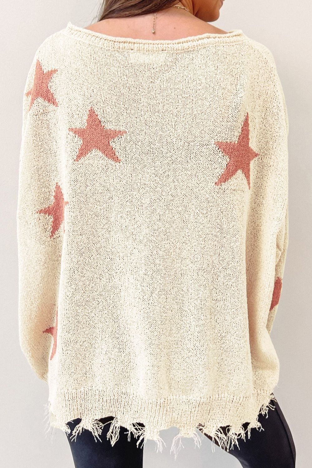 Contrast Star Raw Hem Long Sleeve Knit Top Trandify deal