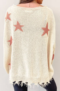 Contrast Star Raw Hem Long Sleeve Knit Top Trandify deal