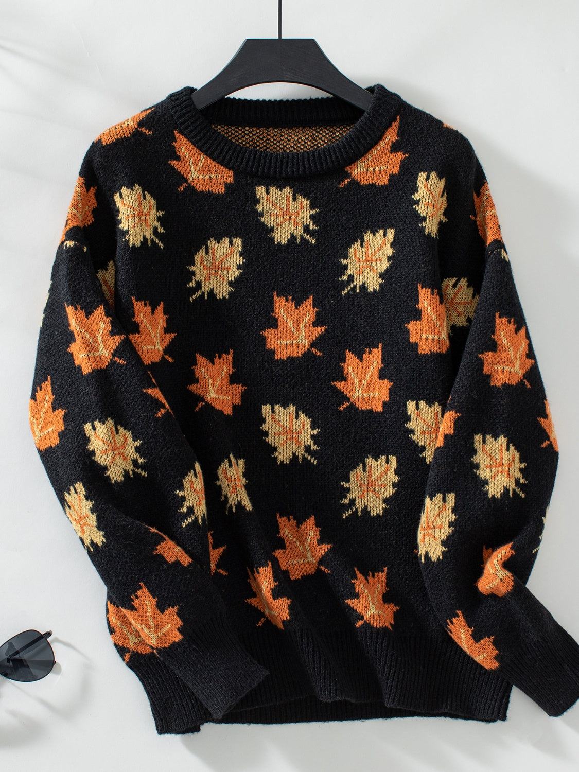 Maple Leaf Round Neck Long Sleeve Sweater Trandify Deal