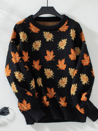 Maple Leaf Round Neck Long Sleeve Sweater Trandify Deal