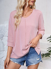 Lovelet Textured Round Neck Three-Quarter Sleeve Blouse Trandify deal