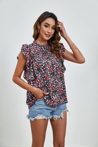 Ruffled Ditsy Floral Mock Neck Cap Sleeve Blouse Trandify deal