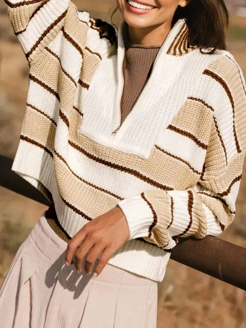 Women's Striped Ribbed Half Zip Sweater