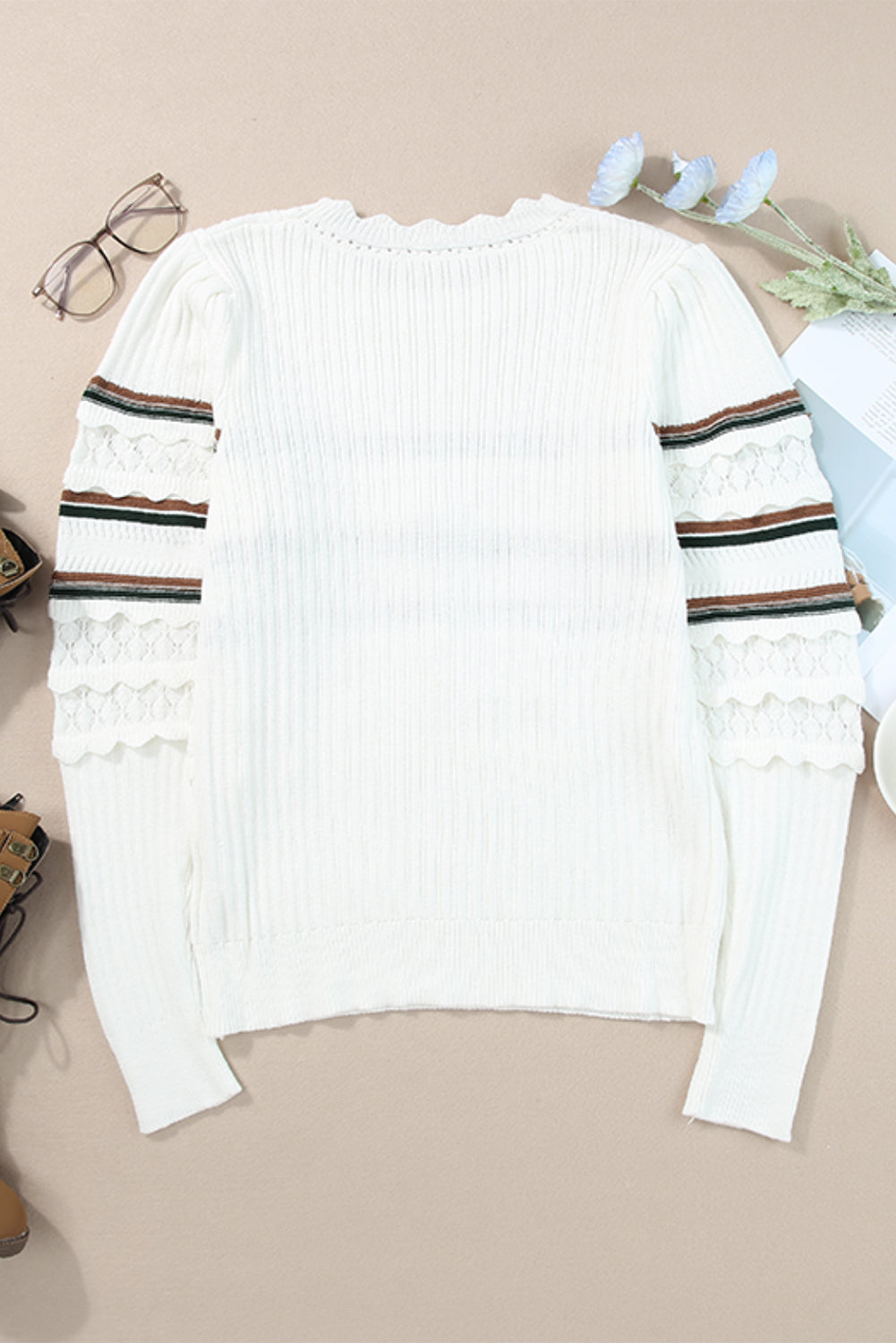 Striped Hollow Out Round Neck Long Sleeve Sweater Trandify Deal